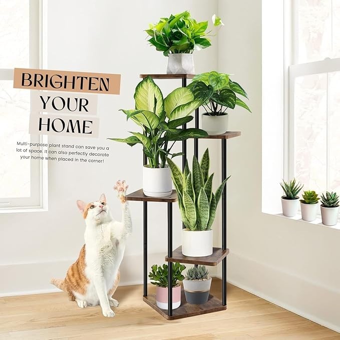 5-Tier Indoor Plant Stand, Metal Wood Display Rack for Home & Balcony
