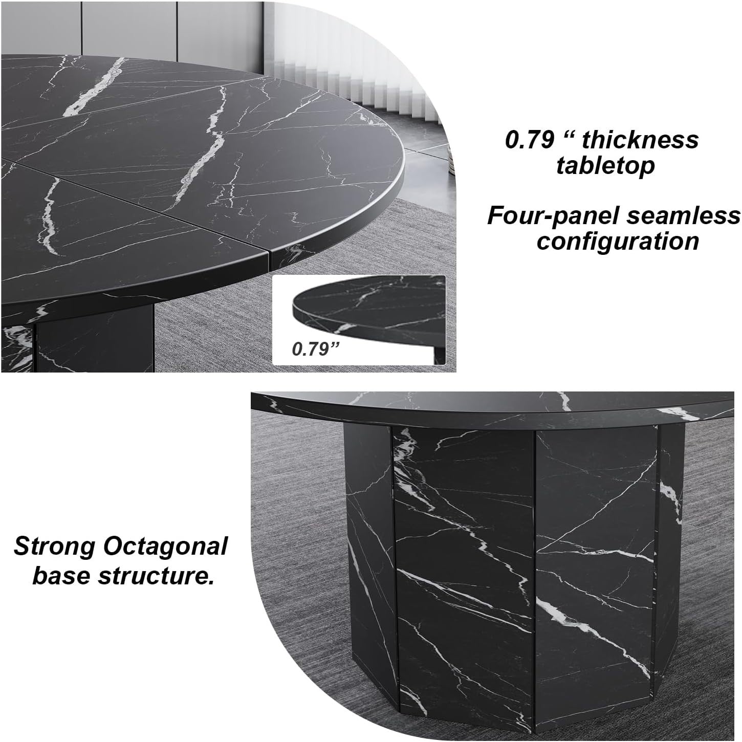 Round Black Marble Dining Table 4-6 Seater Modern Kitchen 120cm