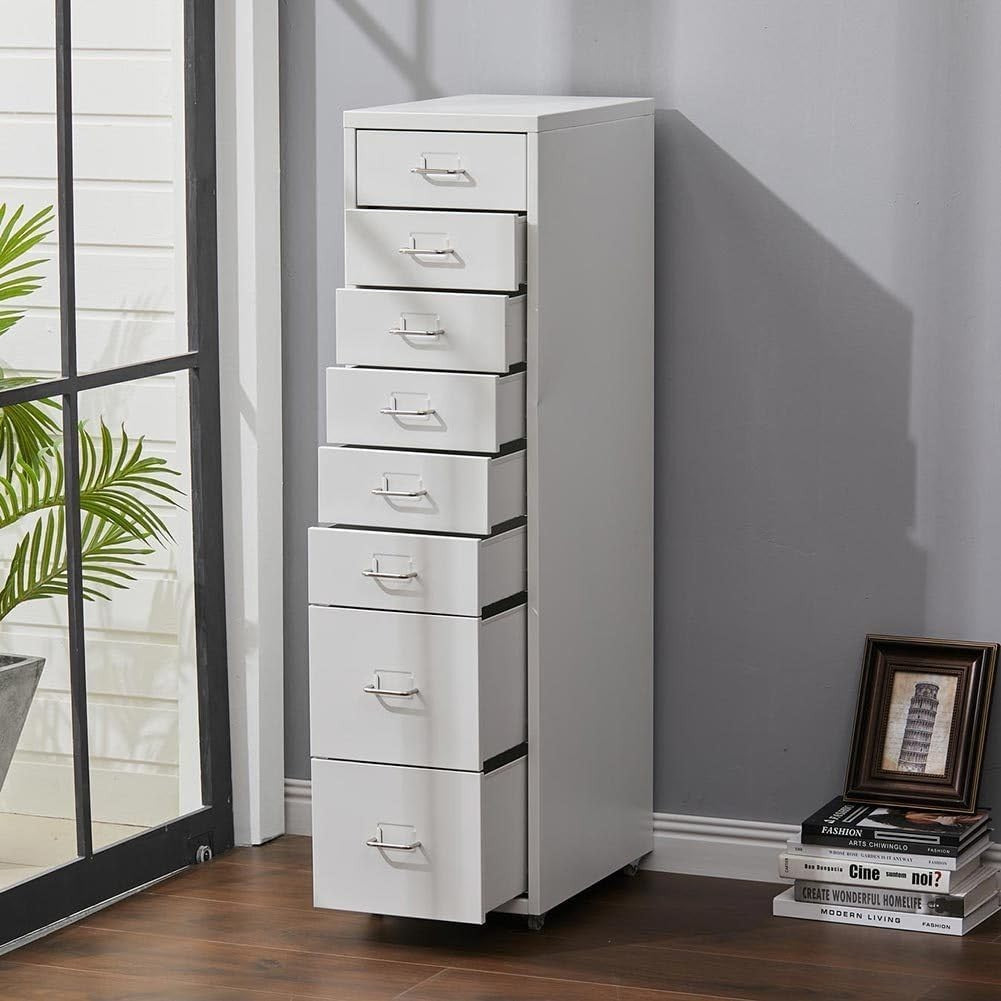 White 8 Drawer Metal Rolling Storage Tower Slim Under Desk File Unit