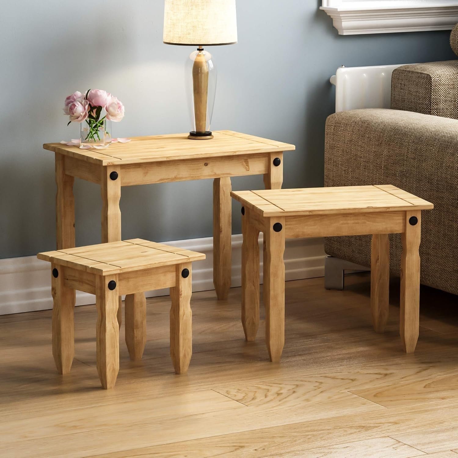 3x Pine Nest of Tables Set Solid Wood Distressed Wax Finish Side End Coffee