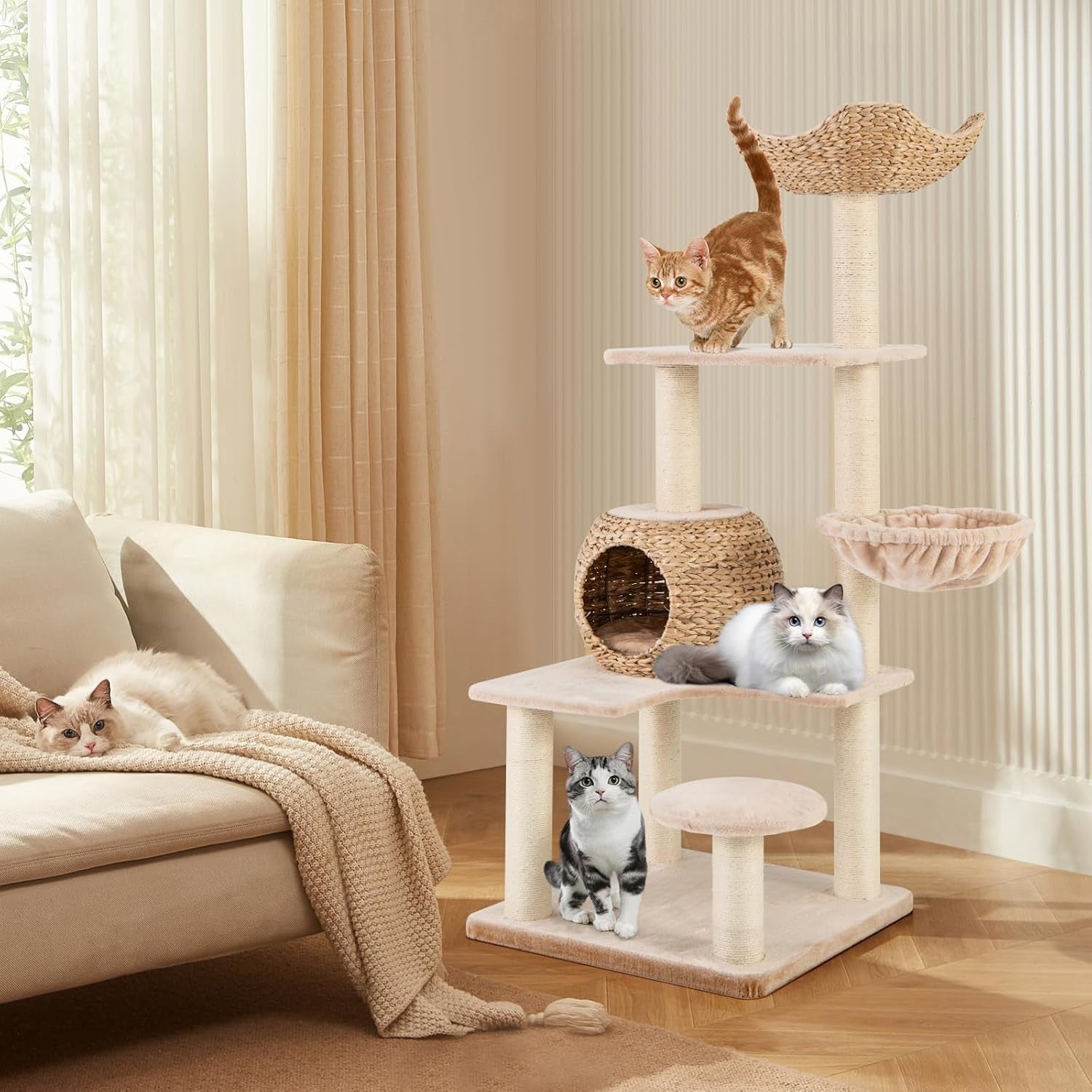 150cm Cat Tree Wicker Condo Hammock Sisal Scratching Tower Beige Indoor
