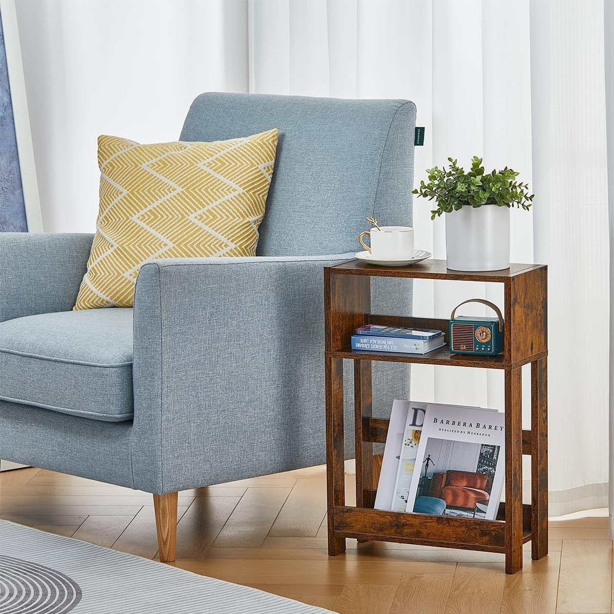 Rustic Narrow Side Table with Storage | 3-Tier Slim Nightstand for Small Spaces