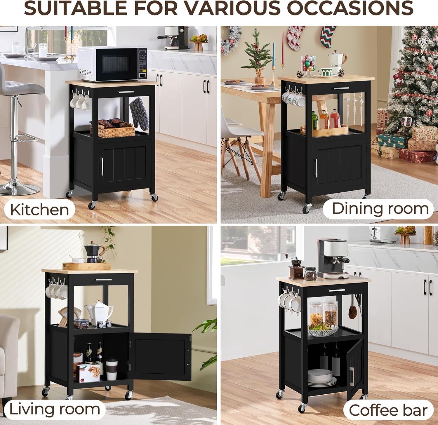Kitchen Island Trolley on Wheels with Cabinet Drawer Hooks Rolling Utility Cart