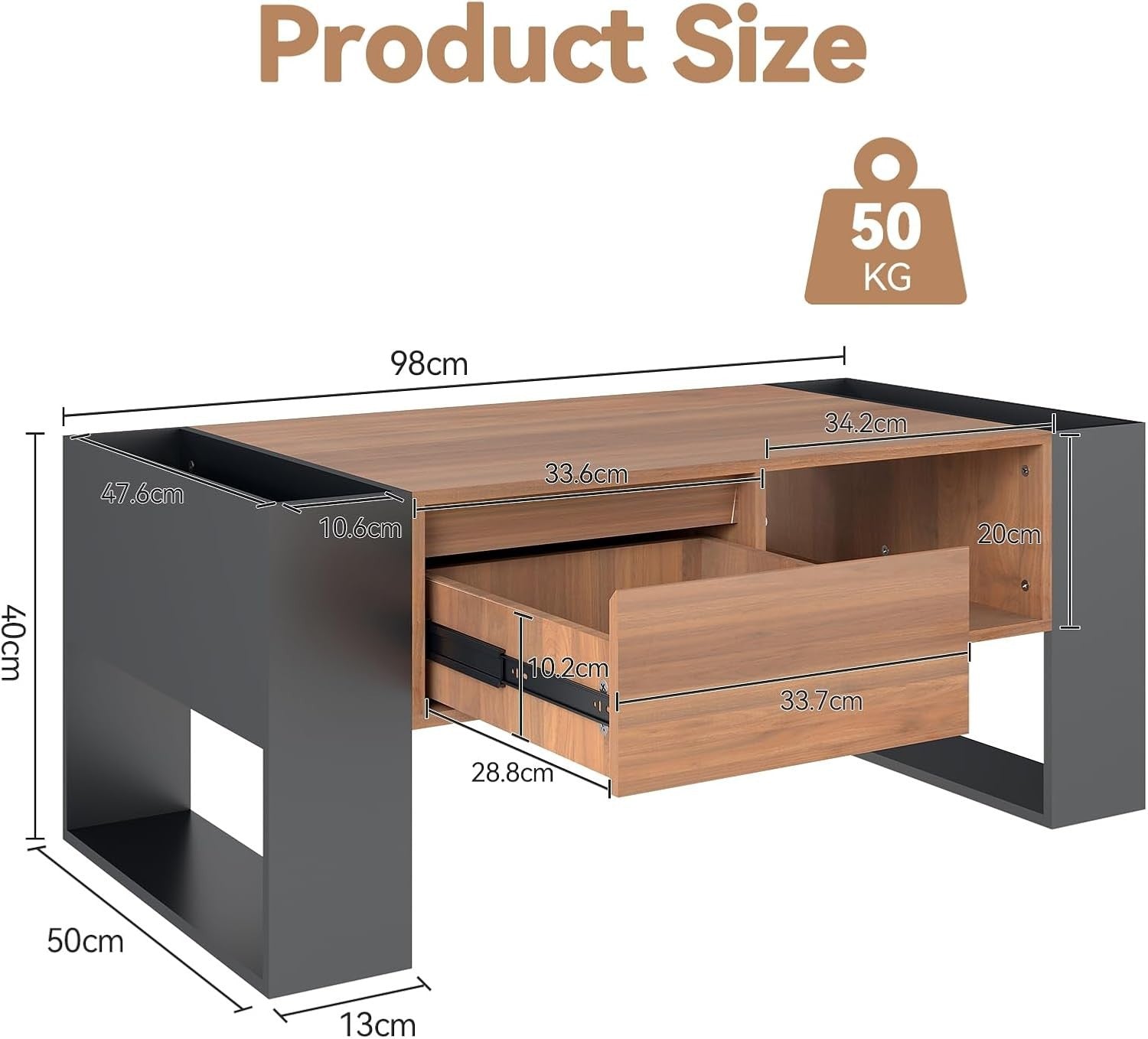 Rustic Brown Coffee Table with Storage Drawer & Shelves 98x50x40cm