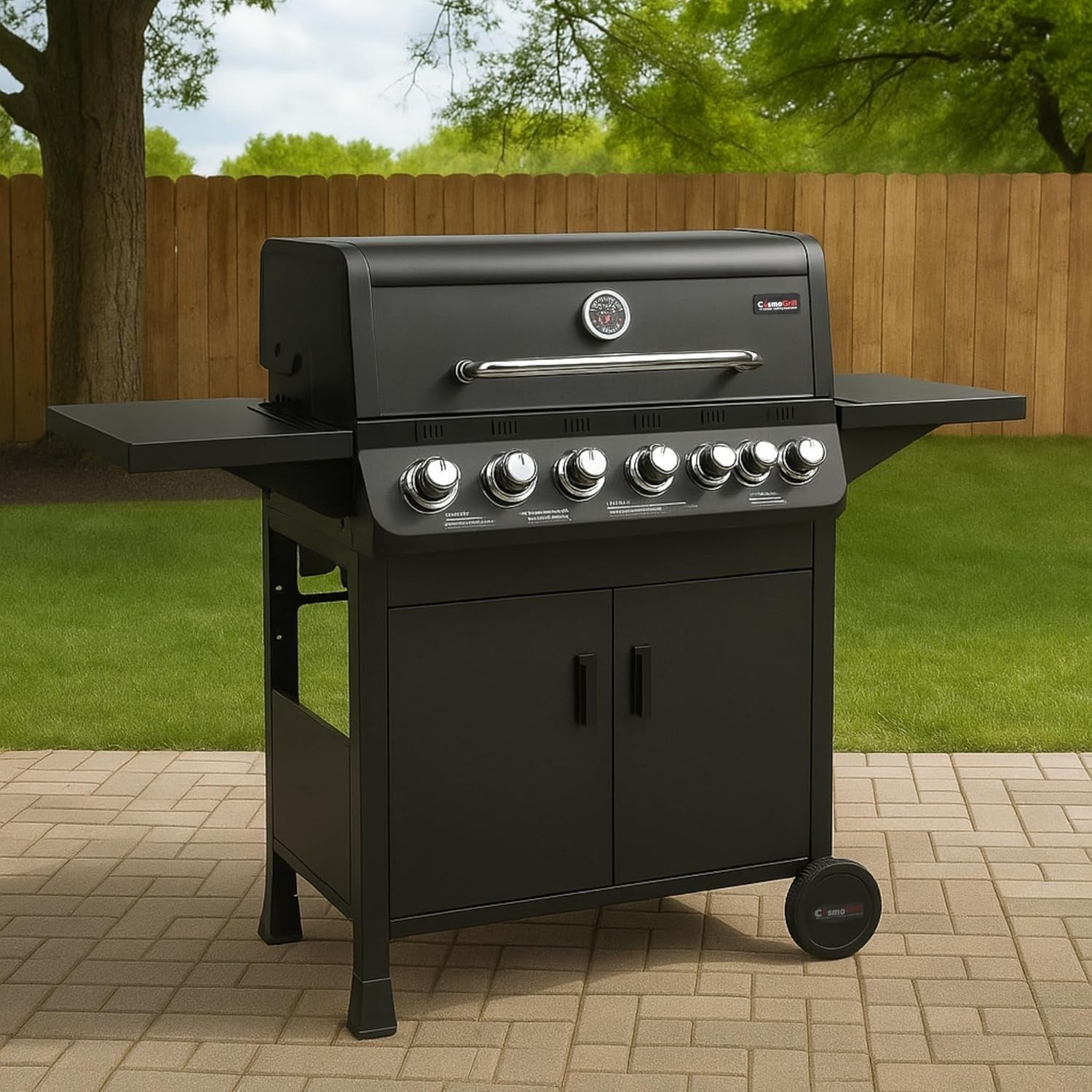 7 Burner Gas BBQ Grill with Side Burner, Thermometer & Warming Rack