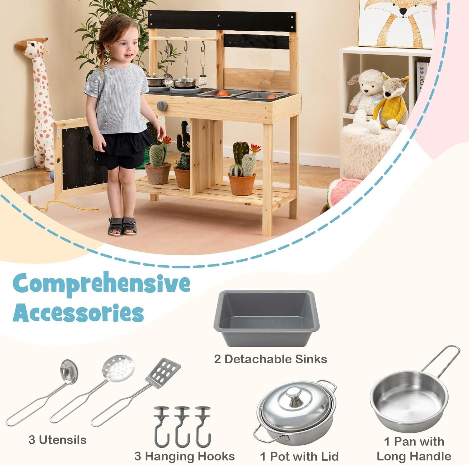 Outdoor Wooden Mud Kitchen Kids Playset w/ Sinks Stoves Accessories