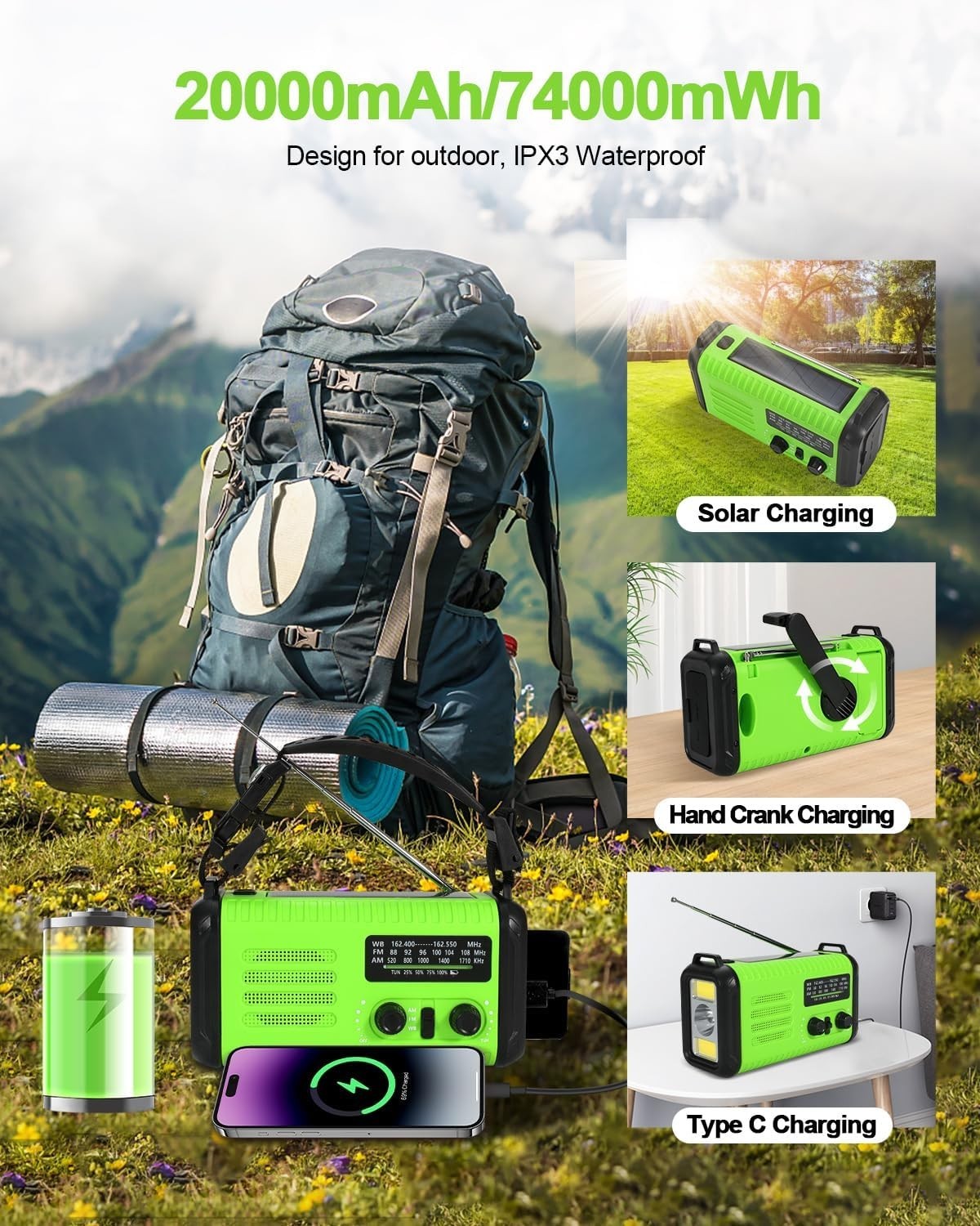 Wind Up Green Solar Emergency Radio with 20000mAh Battery, AM/FM & Flashlight