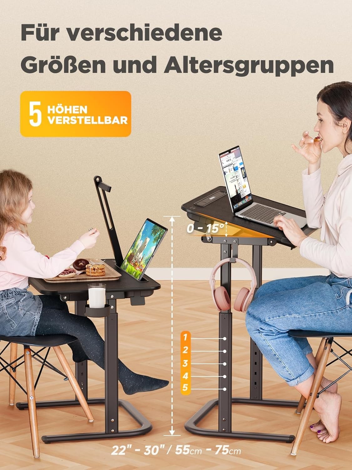 Height Adjustable Laptop Desk with LED Lamp Drawer Book Stand 65x45cm