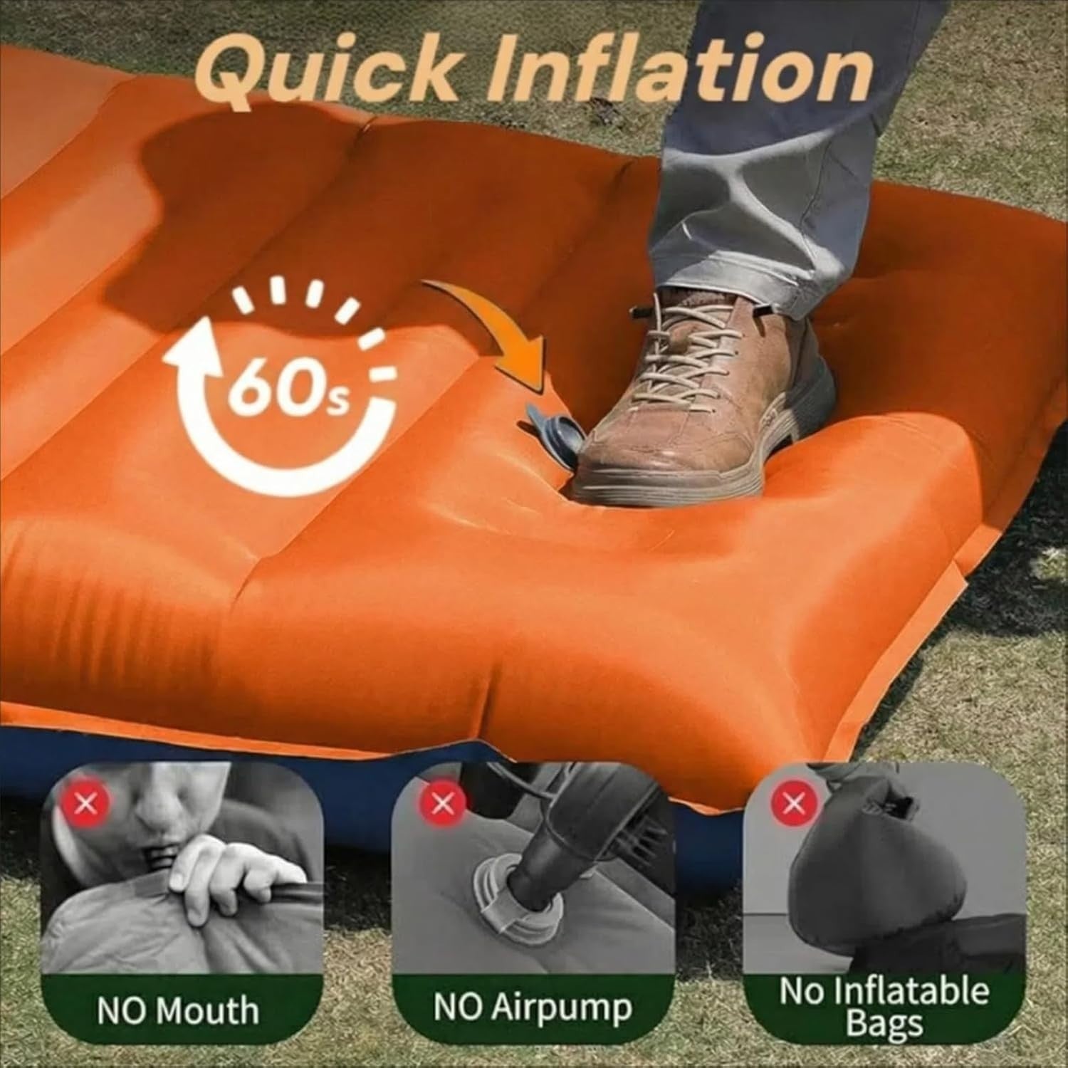 4in Inflatable Camping Sleeping Mat Orange Blue R4 Insulated Waterproof Pad