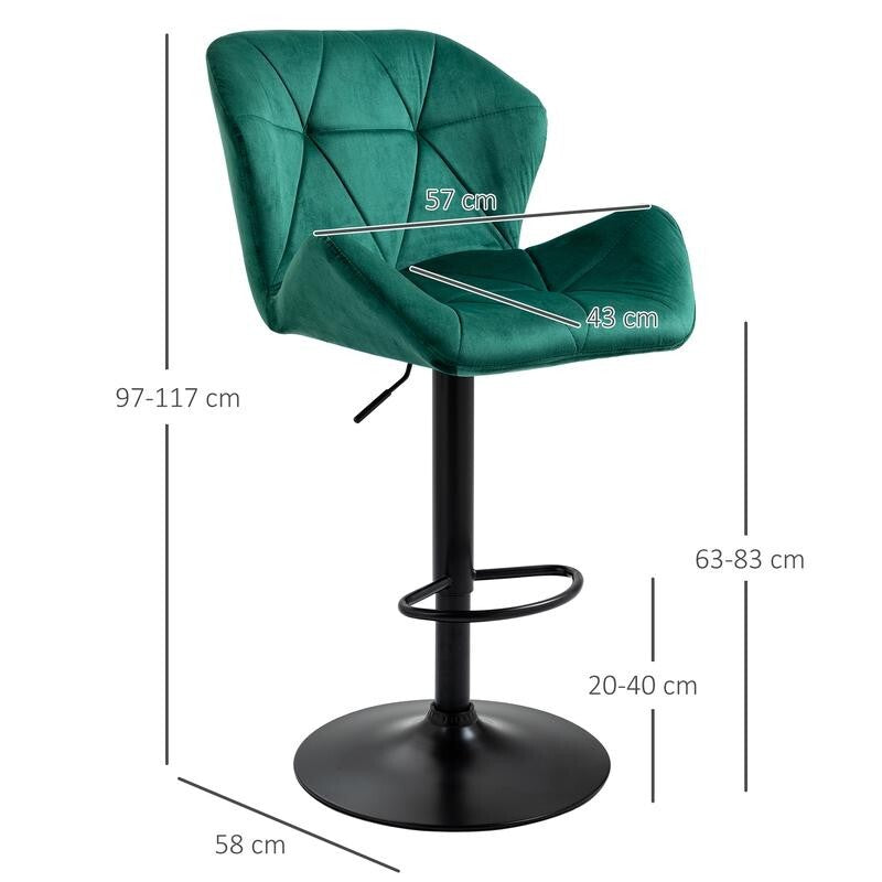 2x Green Velvet Bar Stools Adjustable Swivel Chairs with Footrest