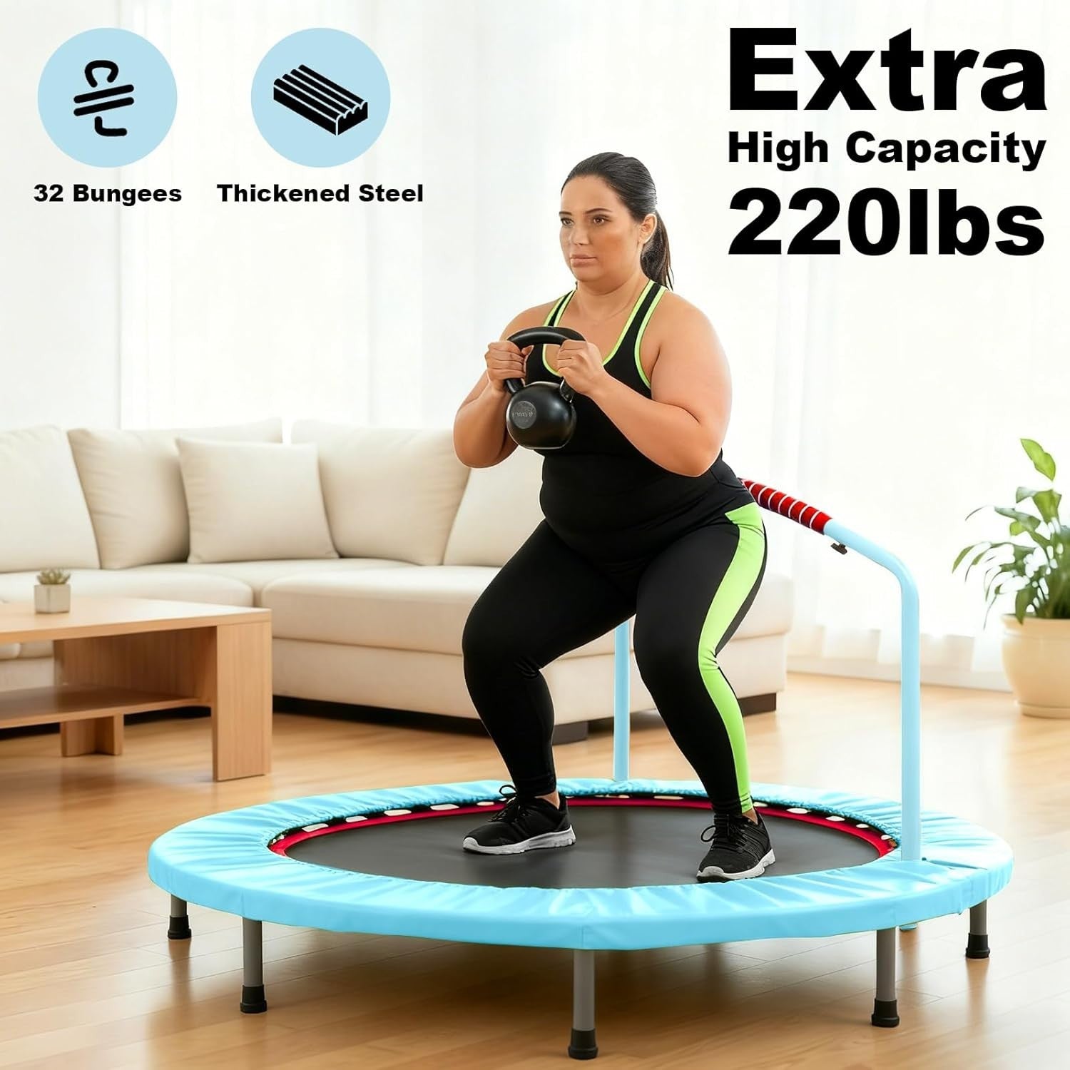 38'' Foldable Fitness Trampoline Adult Rebounder Adjustable Handle 220lb