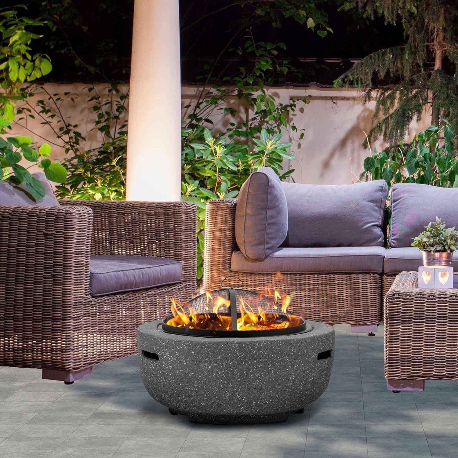60cm Outdoor Fire Pit with BBQ Grill, Heat-Resistant MgO Stone Effect