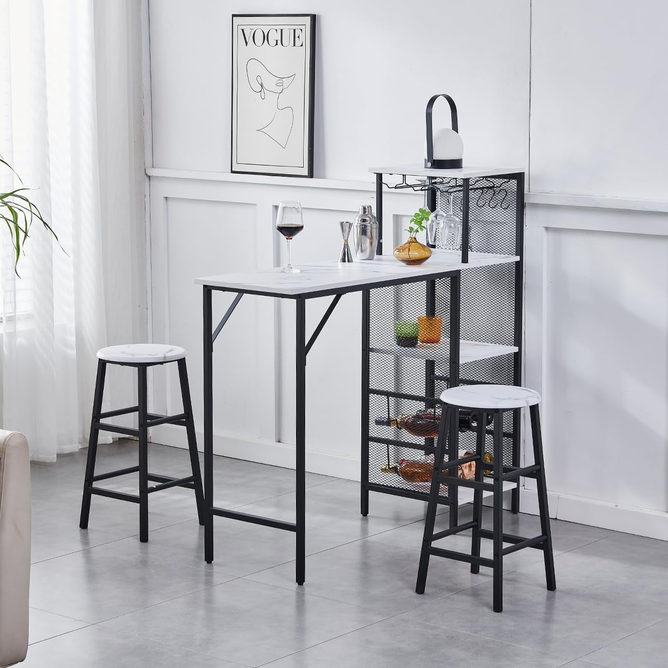 3Pcs Bar Table Set with Stools Wine Rack Cup Holder White Marble Dining Unit