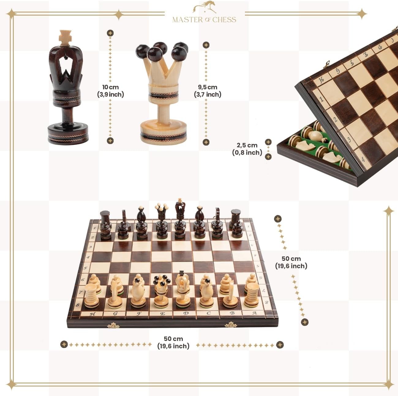 50cm Luxury Wooden Chess Set | ROYAL GAMBIT Design | Foldable Board & Pieces