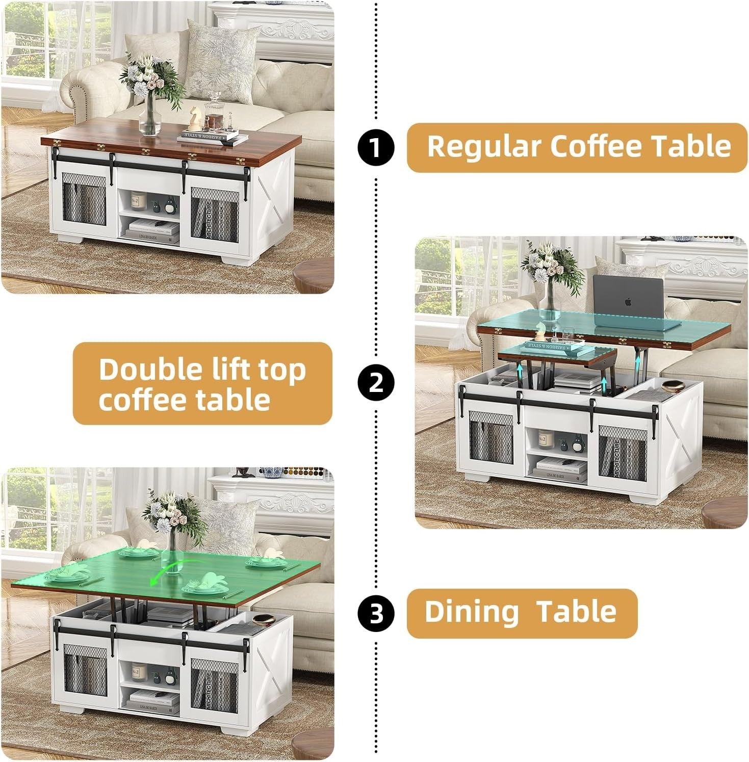 Lift Top Convertible Coffee Table 4-in-1 with Storage & Dining Table Function