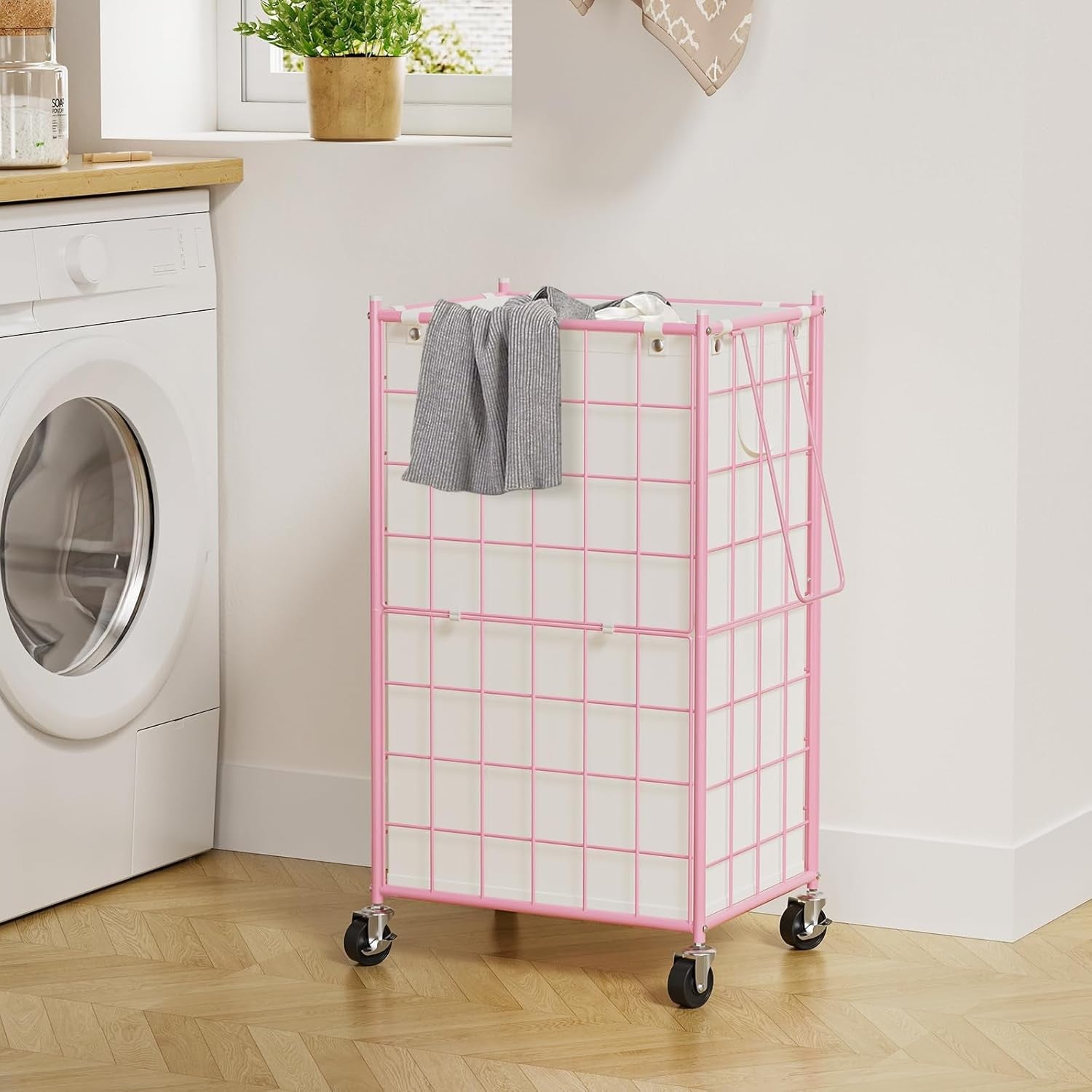 100L Pink Rolling Laundry Hamper Metal Frame with Wheels & Removable Bag