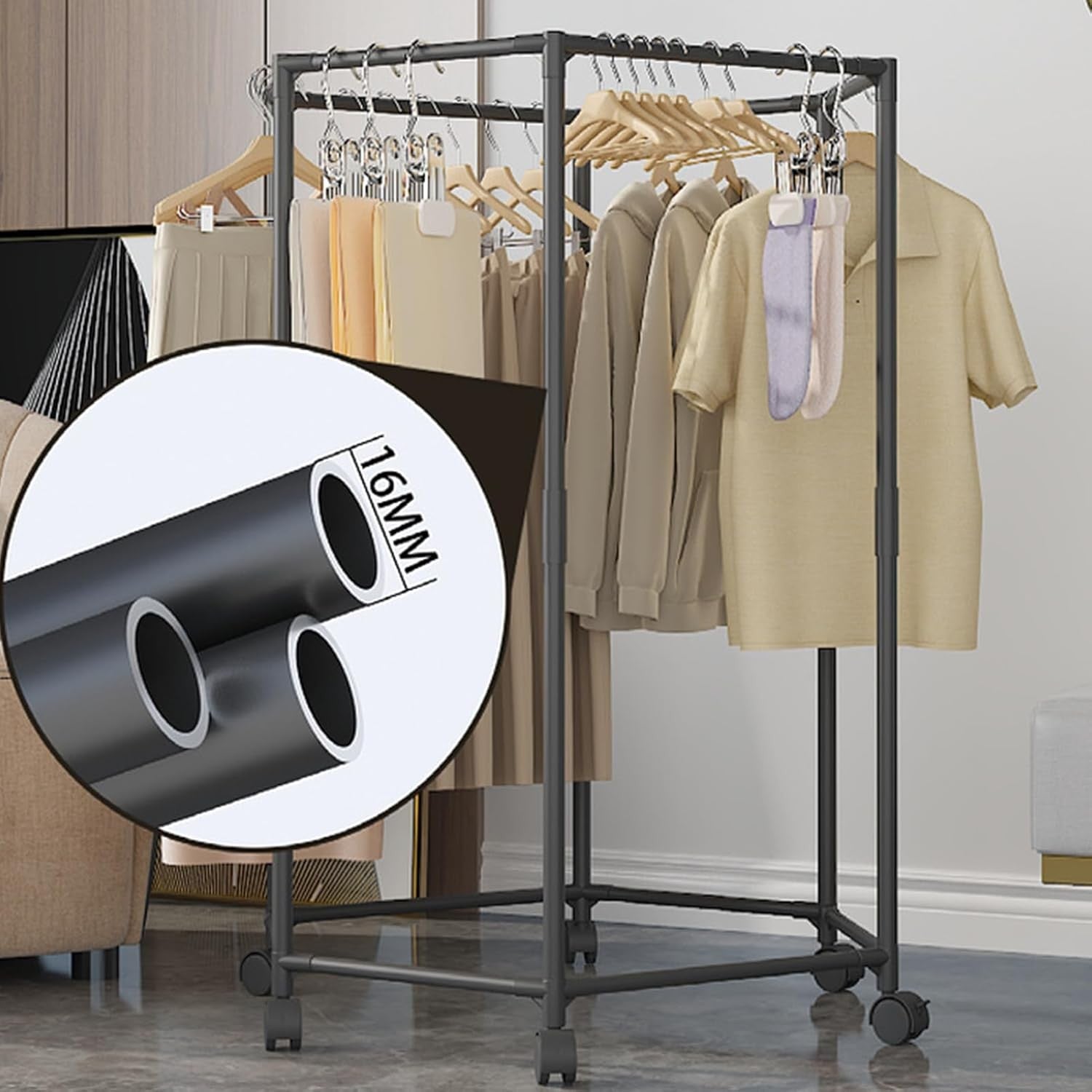 Hexagonal Clothes Drying Rack Rolling Garment Rail Space Saving Indoor Outdoor