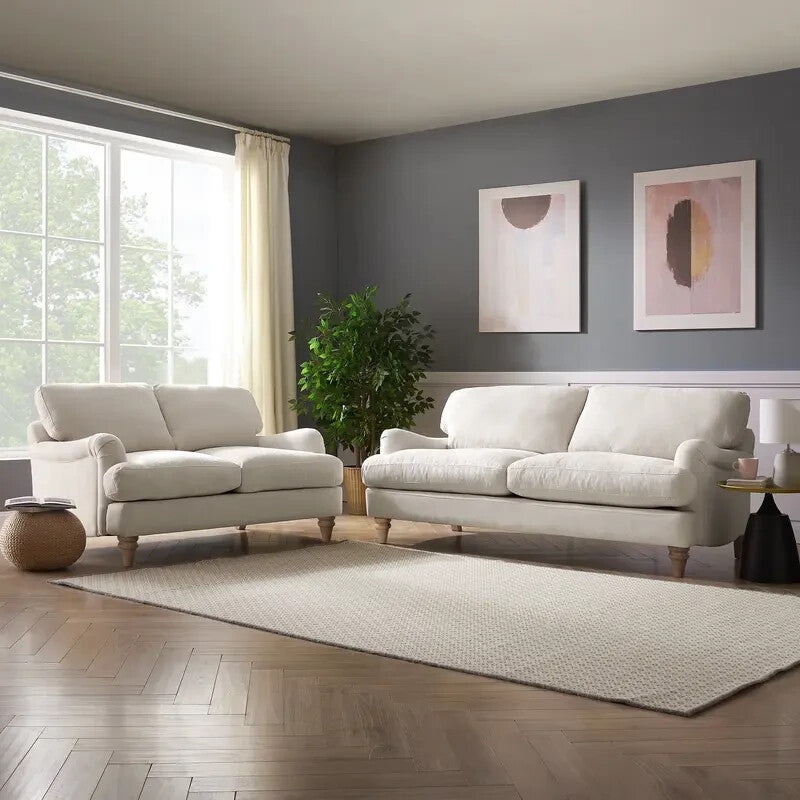 Ivory Linen 3 Seater Sofa Deep Cushions Solid Wood Legs Modern Comfy Couch