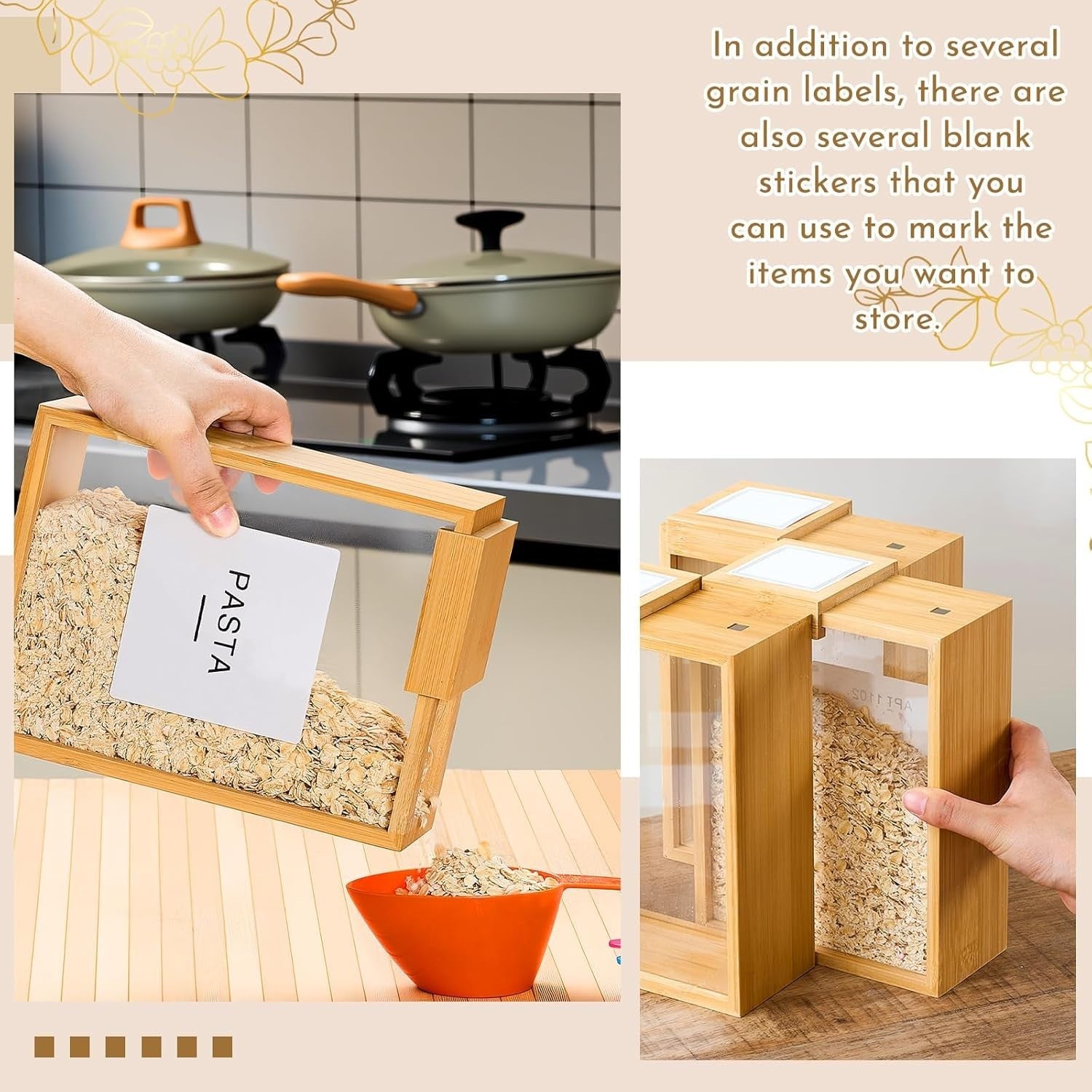 3 Bamboo Cereal Dispensers 2.2L Airtight Food Storage Containers Set