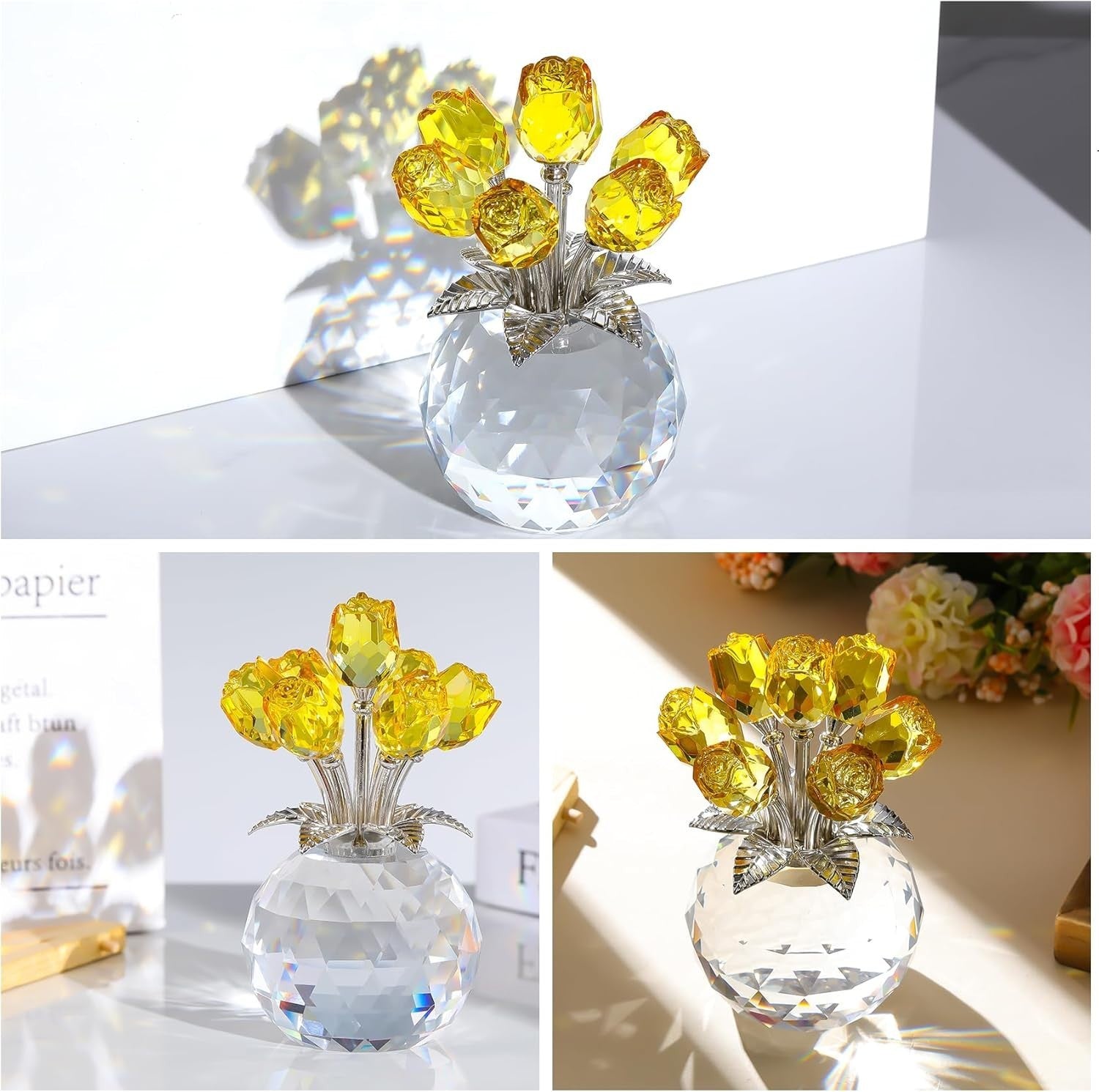 Yellow Crystal Rose Bouquet Ornament Gift for Mum Women Birthday Valentine Decor