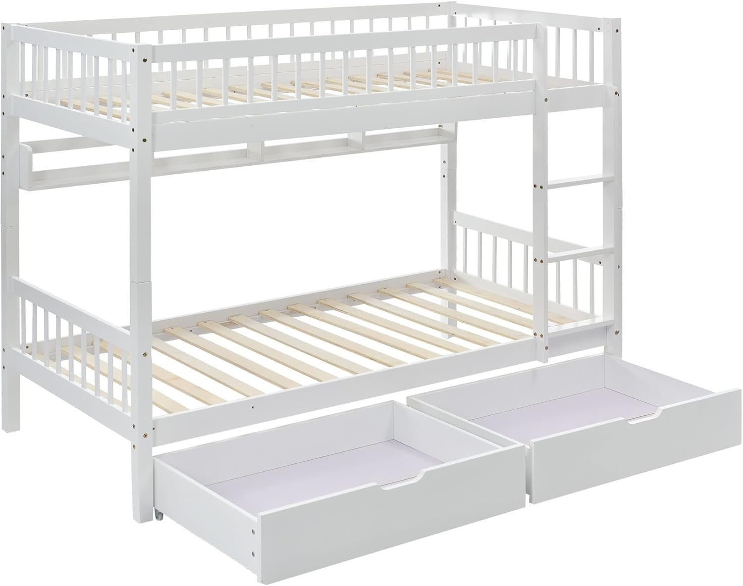 Twin Bunk Bed with Storage Drawers Kids Safe Solid Wood 90x190cm White
