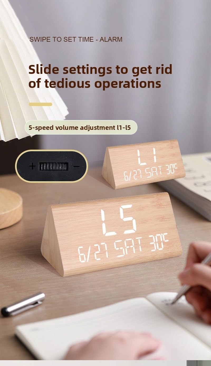 Wooden Digital Alarm Clock LED Large Display USB Charger Loud Snooze
