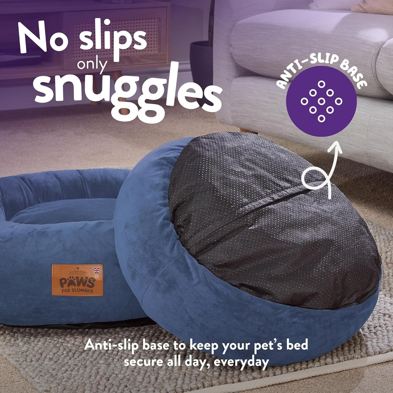 Large Calming Donut Dog Bed 75cm Washable Non Slip Navy