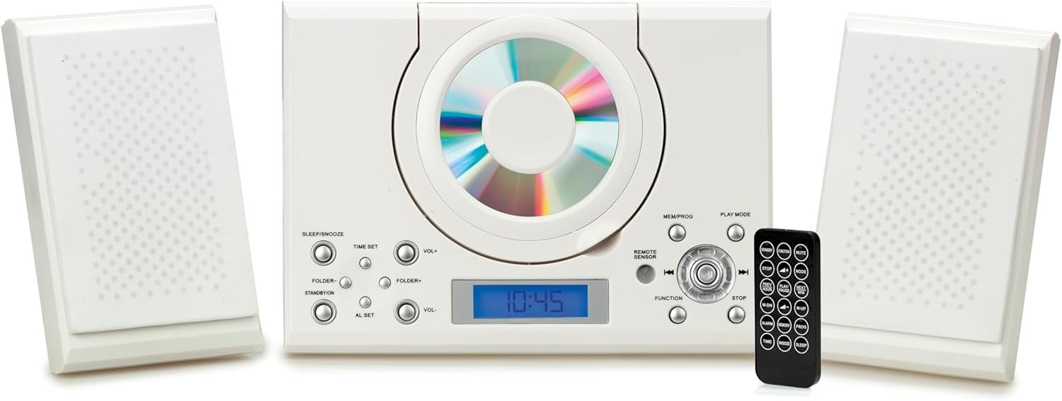Wall Mount CD Player Stereo System USB MP3 FM Radio Alarm Remote Control White