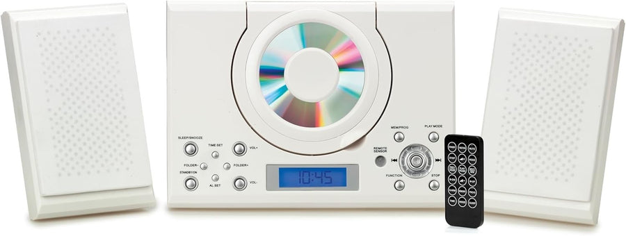 Wall Mount CD Player Stereo System USB MP3 FM Radio Alarm Remote Control White