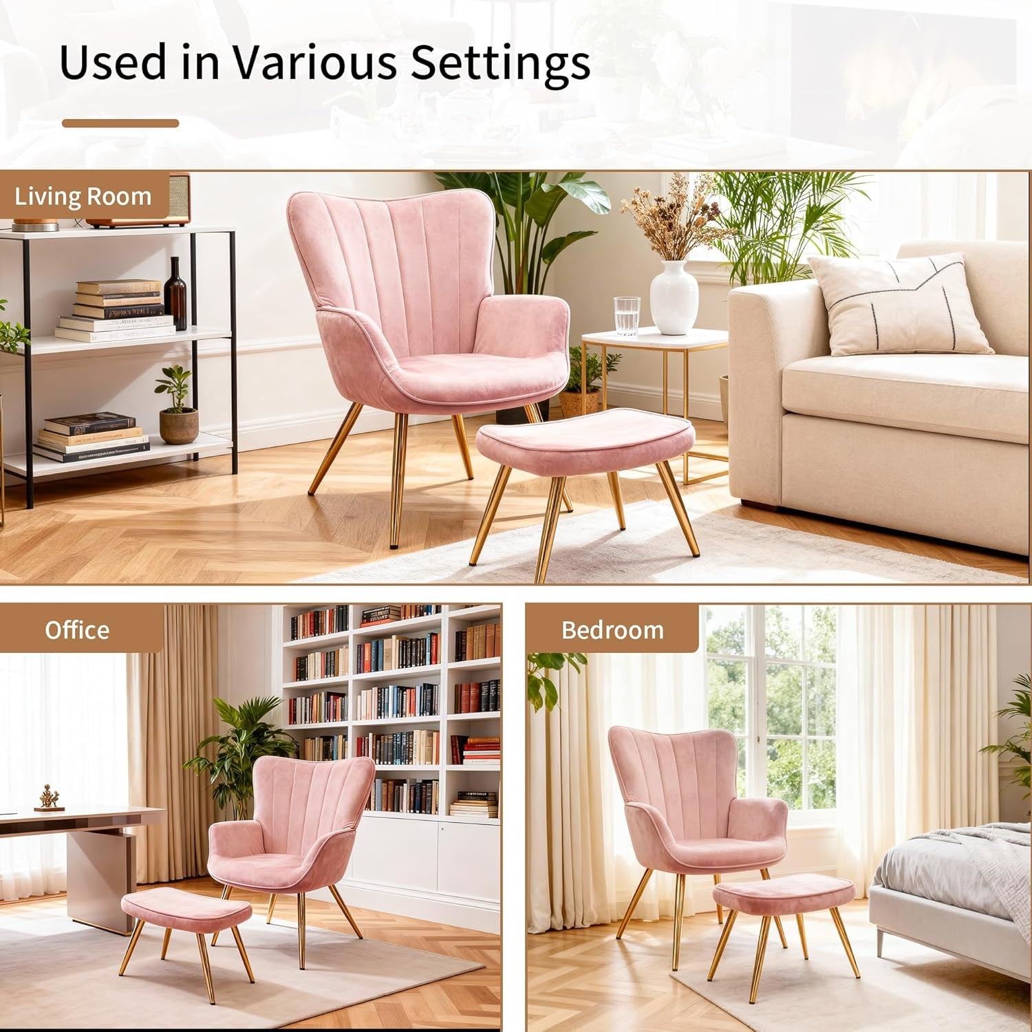 Wing Back Accent Armchair with Footstool Modern Lounge Chair Pink