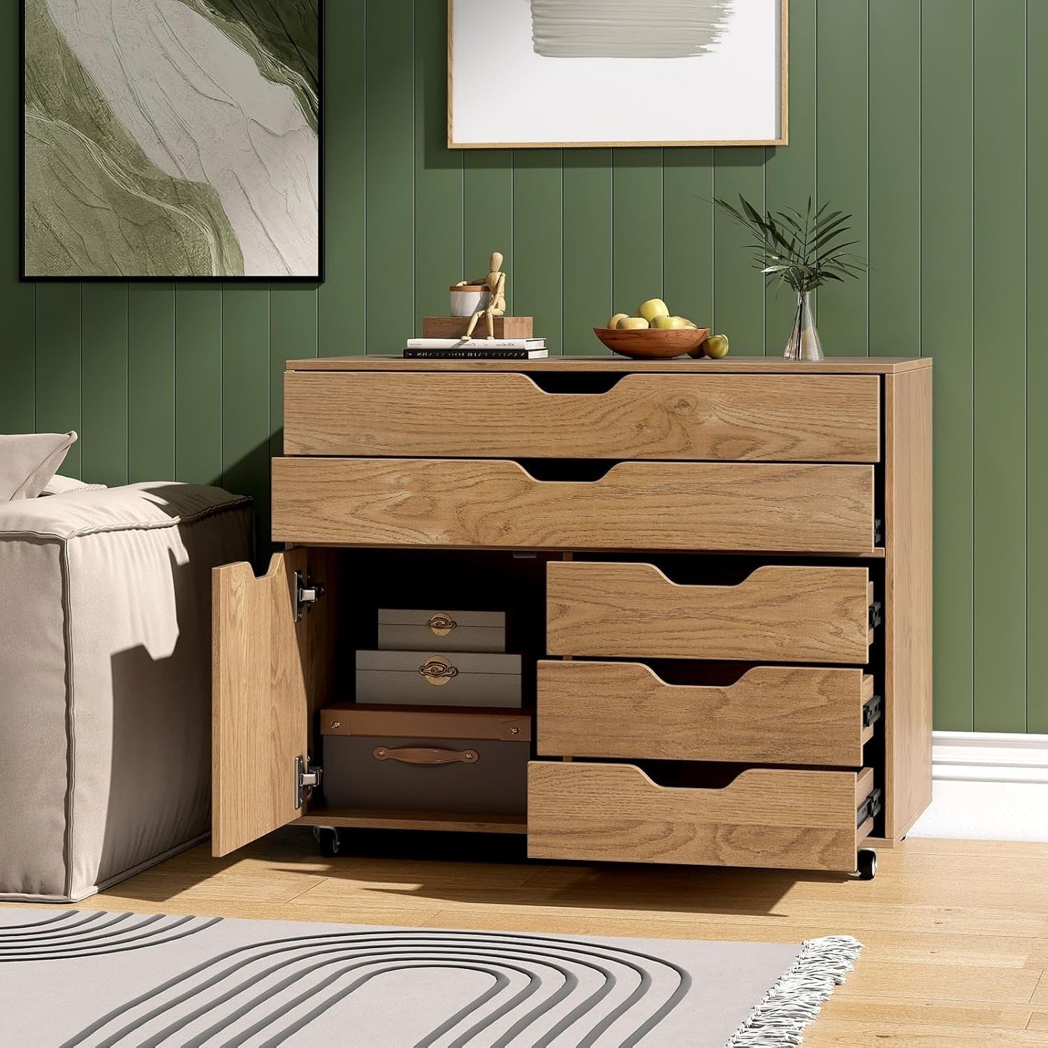 Natural Wood Mobile File Cabinet 77x40x64cm 5 Drawer Printer Stand