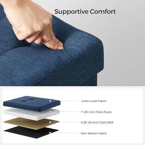 Dark Blue Folding Ottoman Bench 76cm Linen Storage Seat Footstool 89L Box