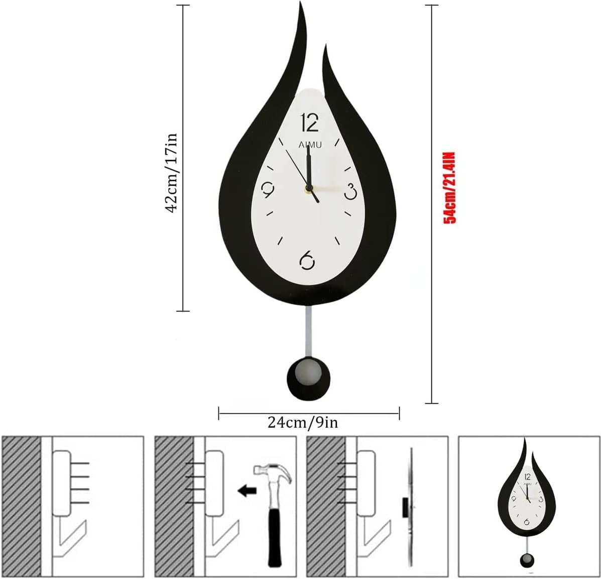 Modern Silent Wall Clock Water Drop Design with Pendulum 20.4” Black White