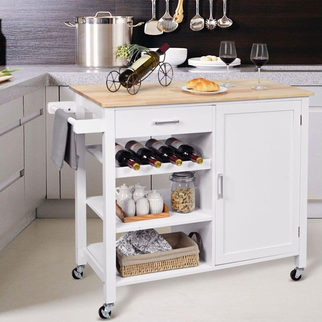 100cm Kitchen Island Cart Oak Top Wine Rack