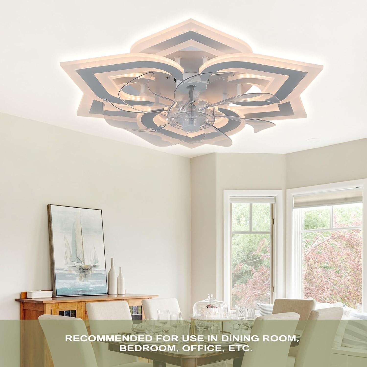 Low Profile LED Ceiling Fan, 6 Speeds, Dimmable Light, White