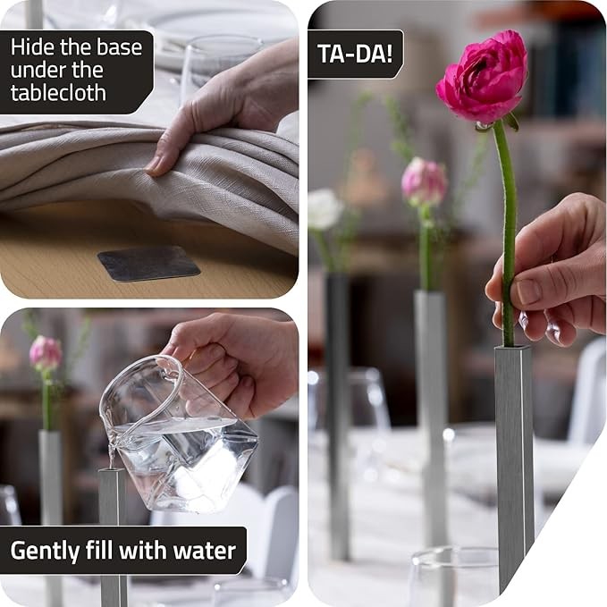Magnetic Flower Vase Set Modern Silver Metal Bud Vases Minimal Decor