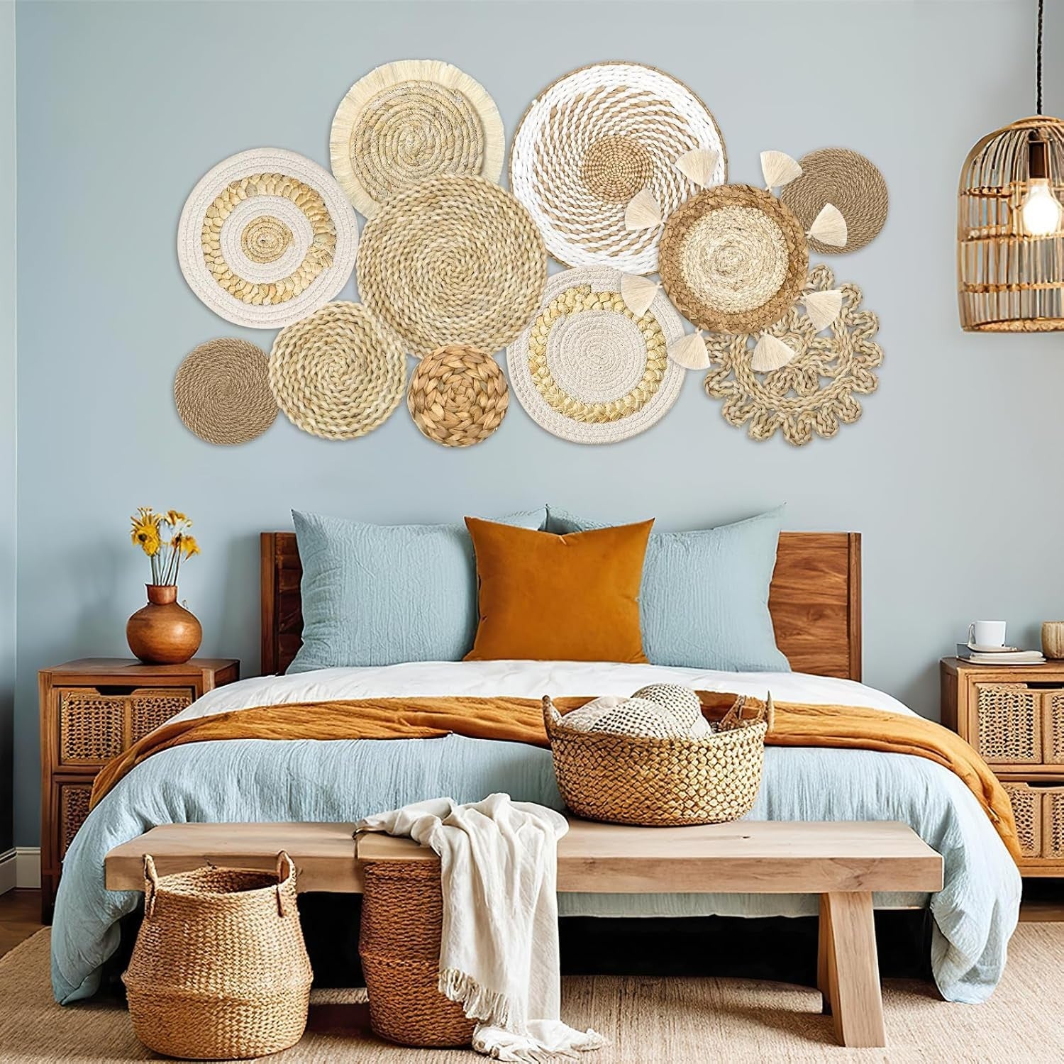 Set of 11 Boho Woven Wall Baskets 4"-12" Rustic Hanging Decor