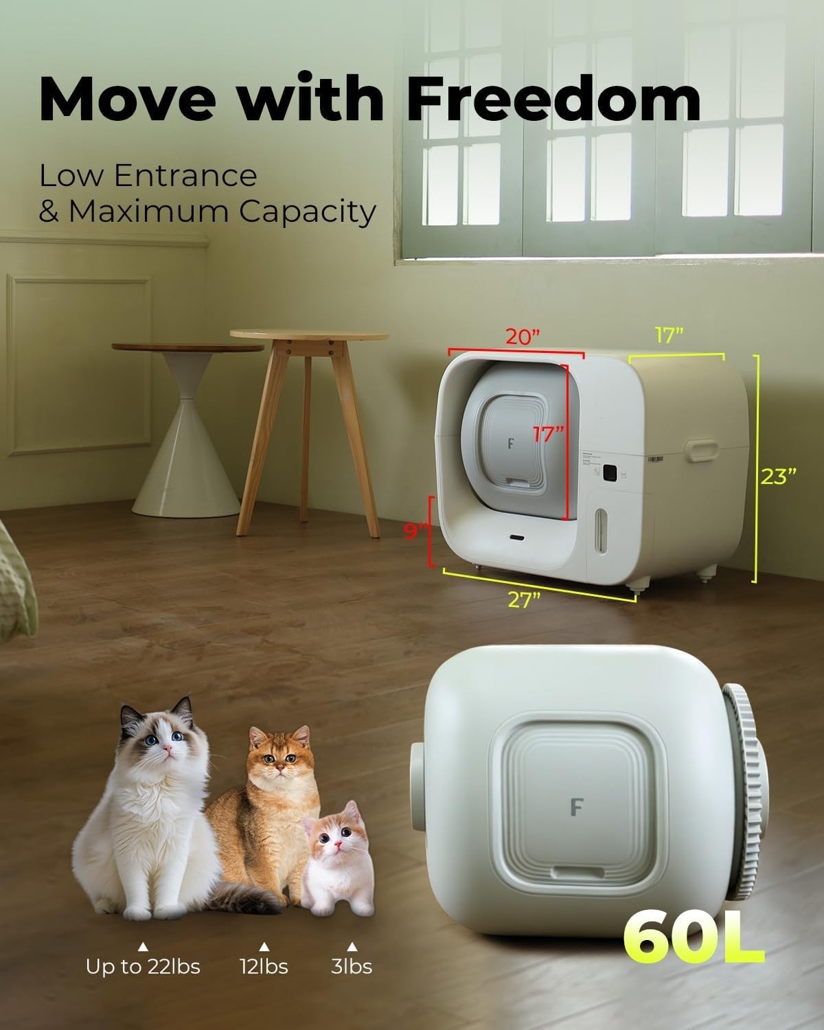 Self Cleaning Cat Litter Box Auto Bagging APP Control 60L XL White