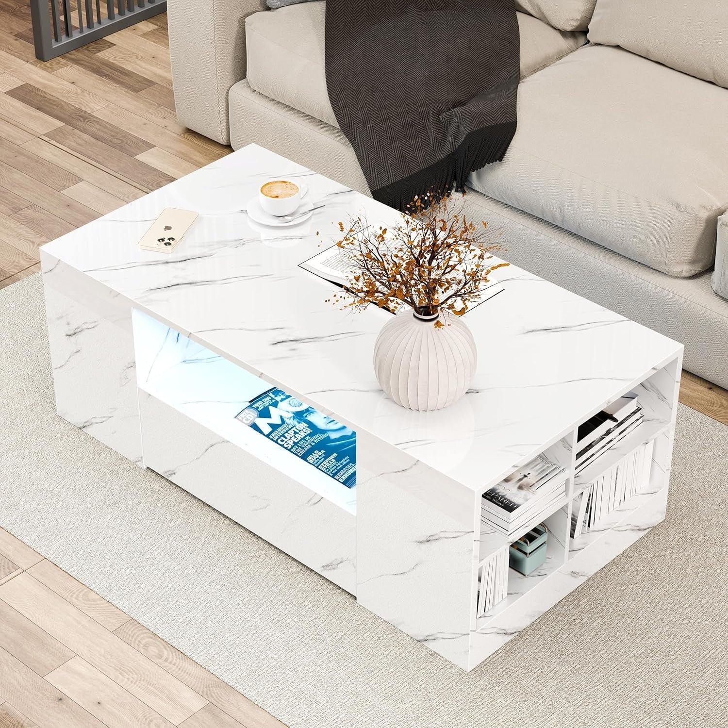 Blisswood LED Coffee Table with 2 Drawers, Open Shelf & High Gloss White Marble