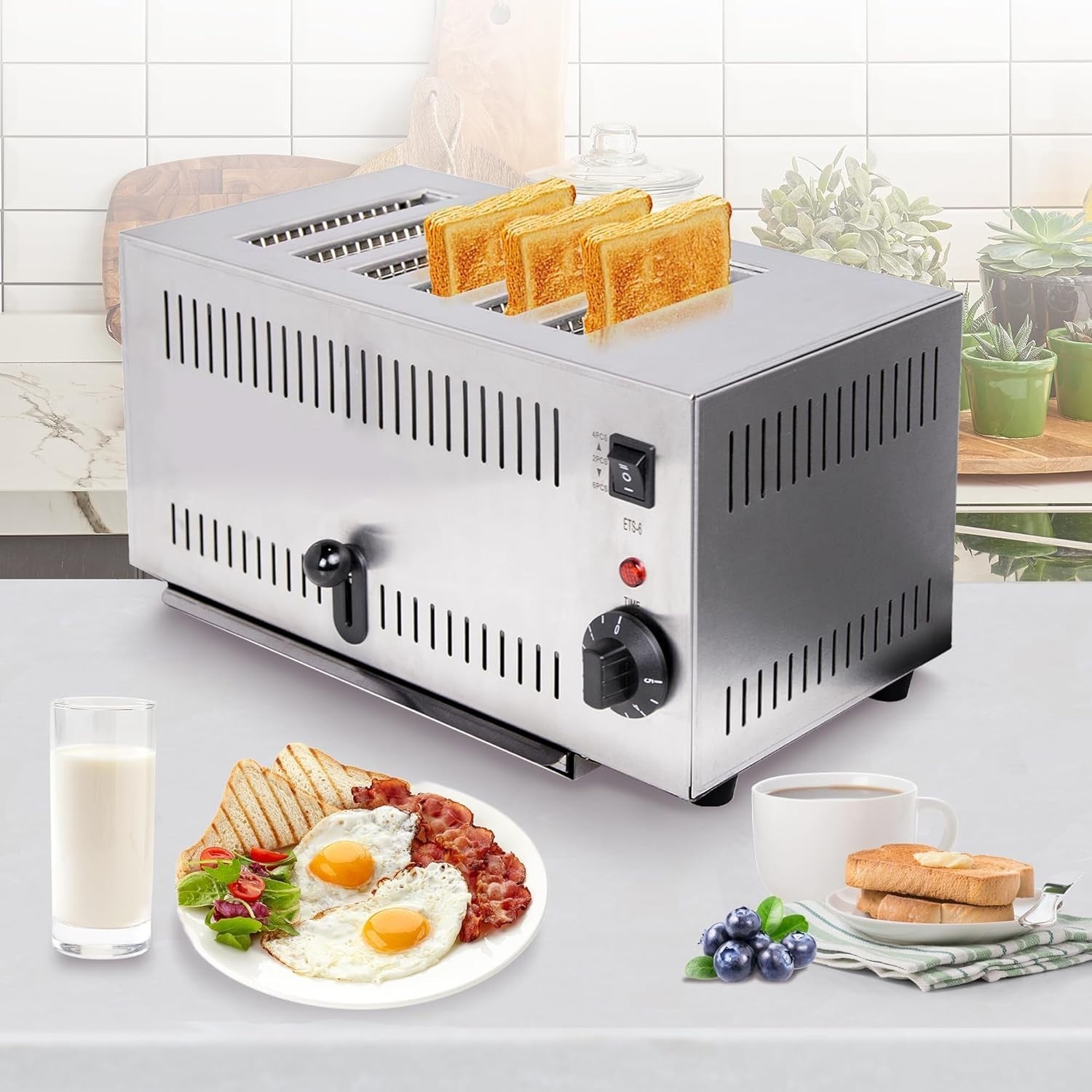 Commercial 6 Slice Pop-Up Toaster Stainless Steel Extra Wide Slots
