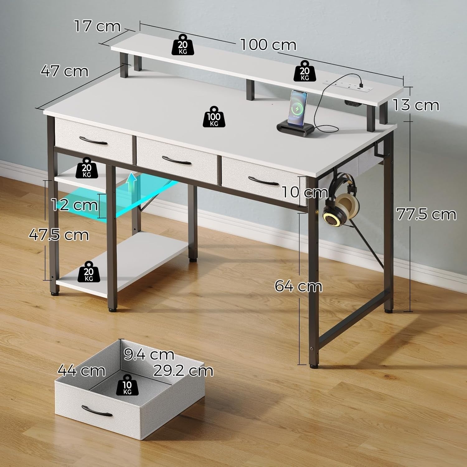 White Computer Desk with Drawers, LED Lights & Power Outlets Workstation