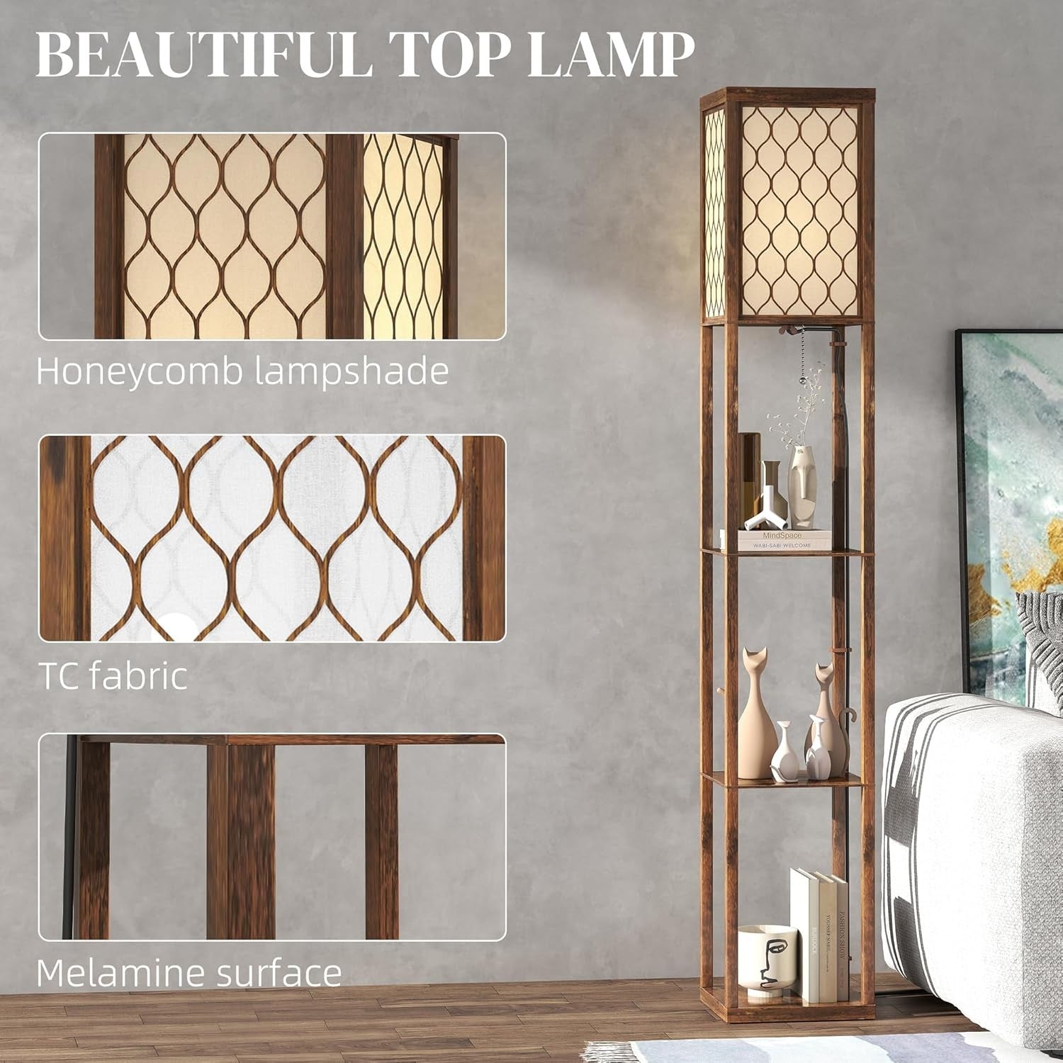 Floor Lamp with Shelves Tall Standing Light Fabric Shade Rustic Storage Unit
