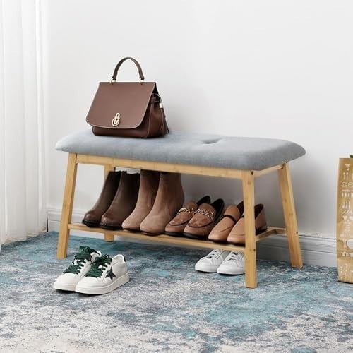 2-Tier Bamboo Shoe Rack Bench with Linen Padded Seat & Storage Grey