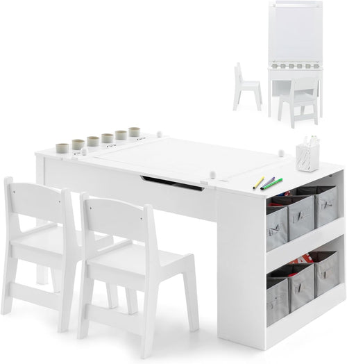 Kids Art Table and Chairs Set with Storage Boxes Drawing Desk White 6 Cups