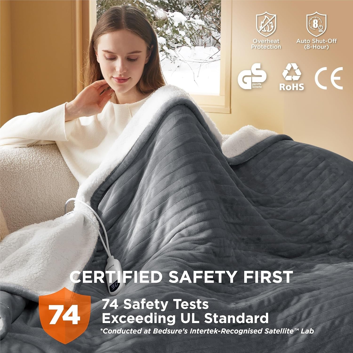 Grey Electric Heated Throw Blanket 6 Heat Levels Timer Soft Warm 130x160cm
