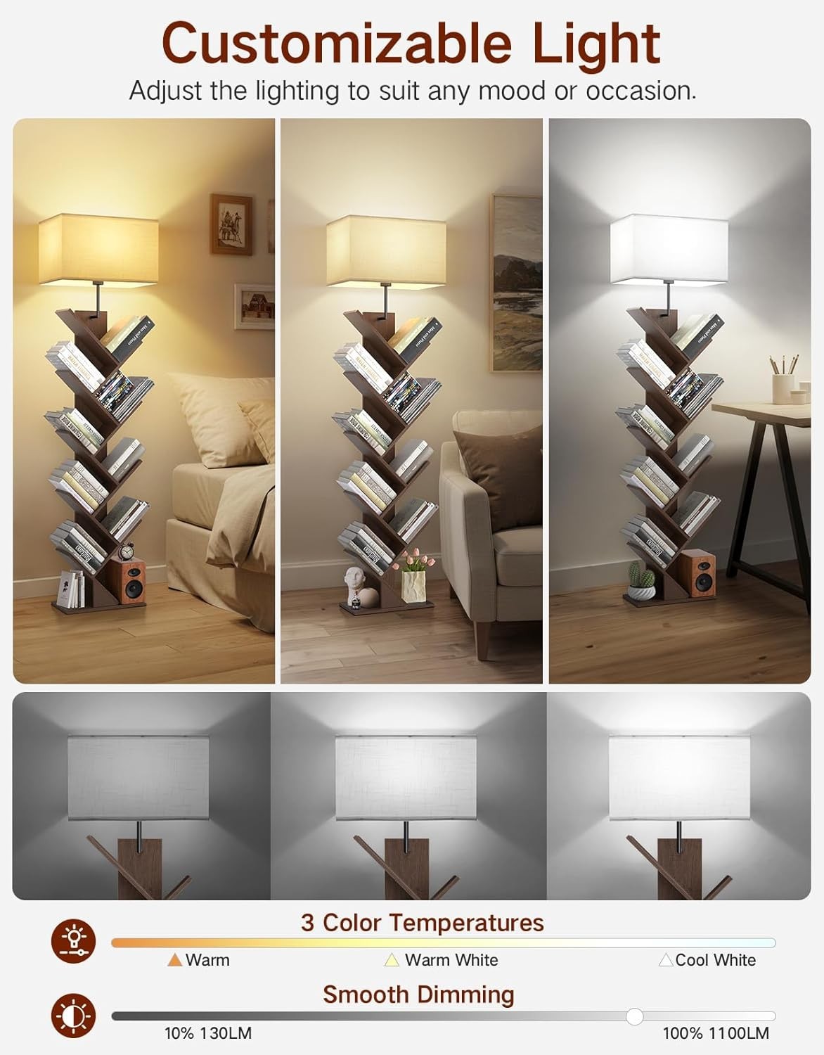 9 Tier Tree Bookshelf with LED Lamp Remote Walnut  Tall Narrow Shelf