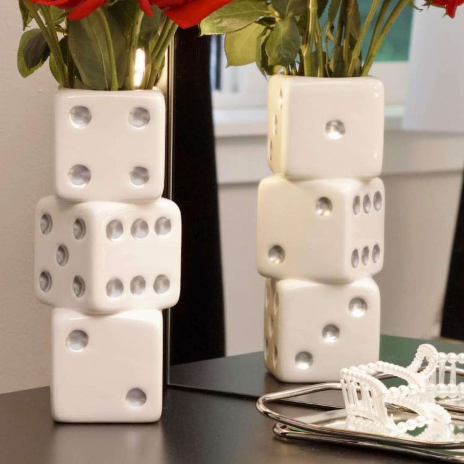 Dice Vase Ceramic Triple Stack White Silver Dot Modern Table Flower Decor