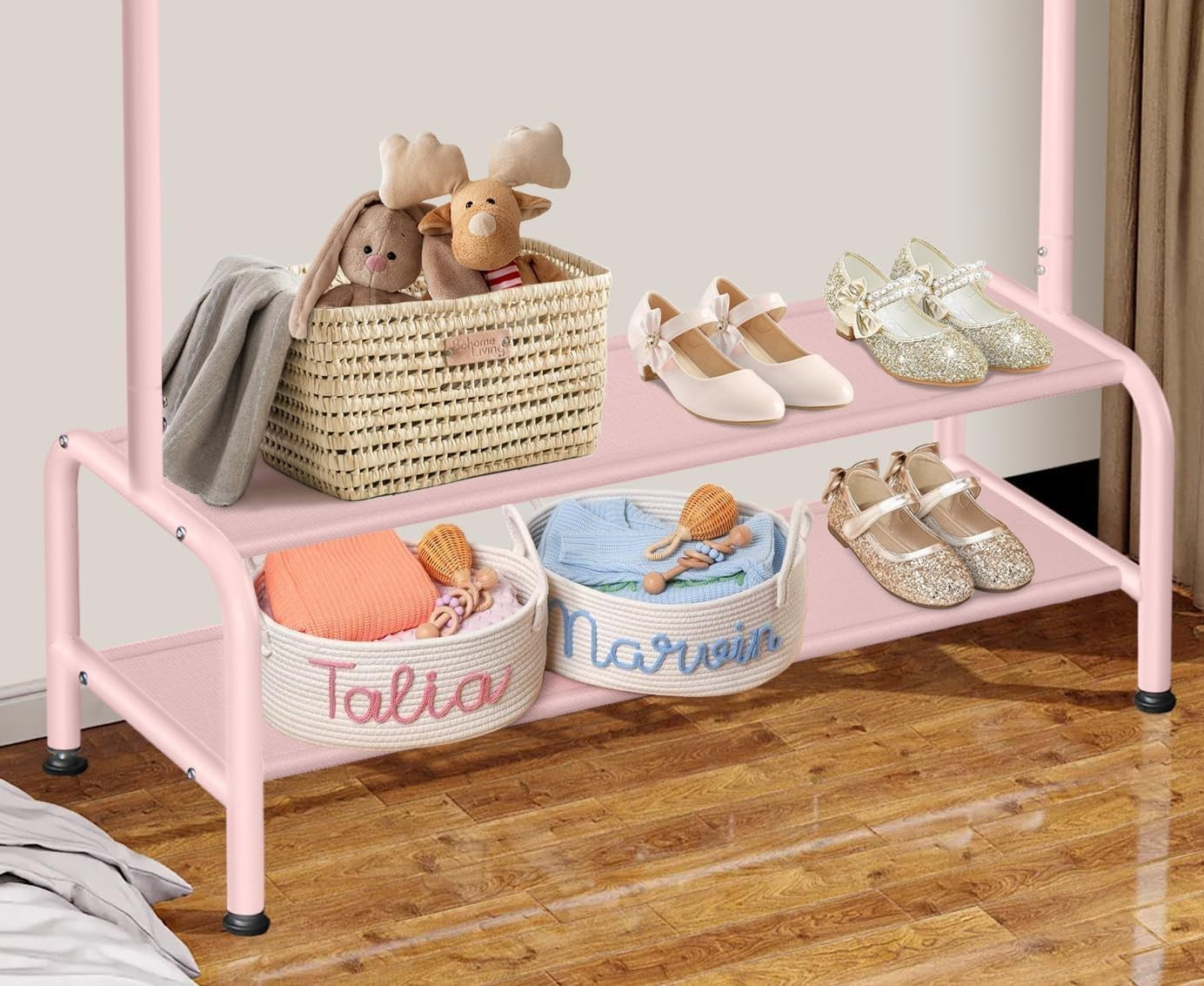 Kids Clothes Rail Light Pink Mini Dress Up Rack 2 Shelves