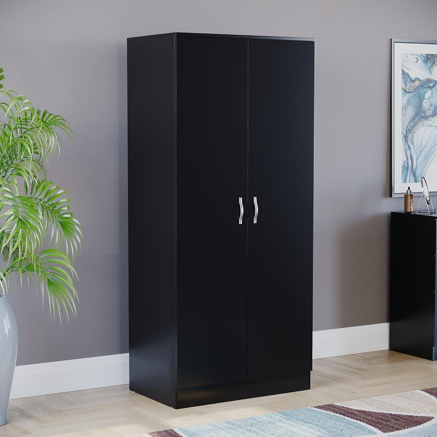 Black 2 Door Wardrobe With Shelf & Rail, Modern Bedroom Storage Unit