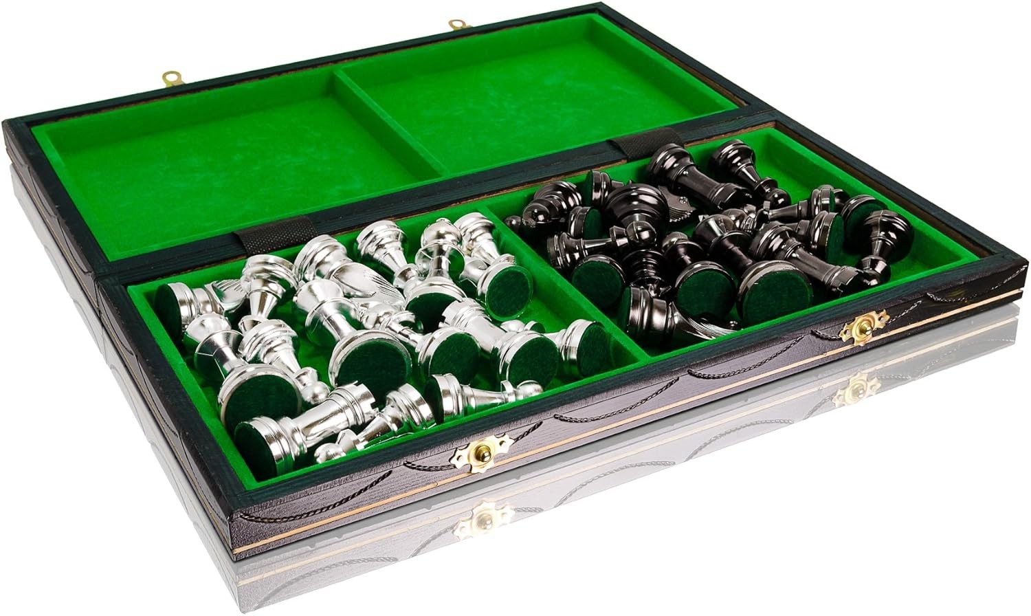 Metallic Staunton Chess Set 41cm Foldable Wooden Board Luxury Silver Pieces